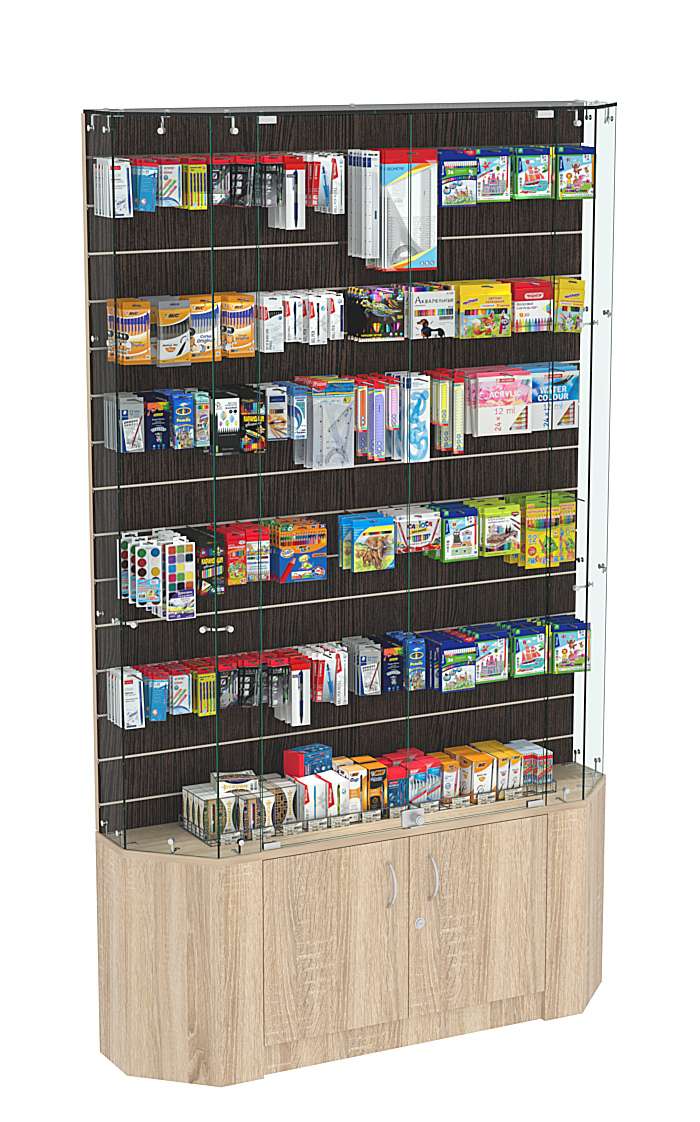 Торговая стеклянная витрина Истра со скошенным фасадом и прозрачными стенками №413 Дуб сонома