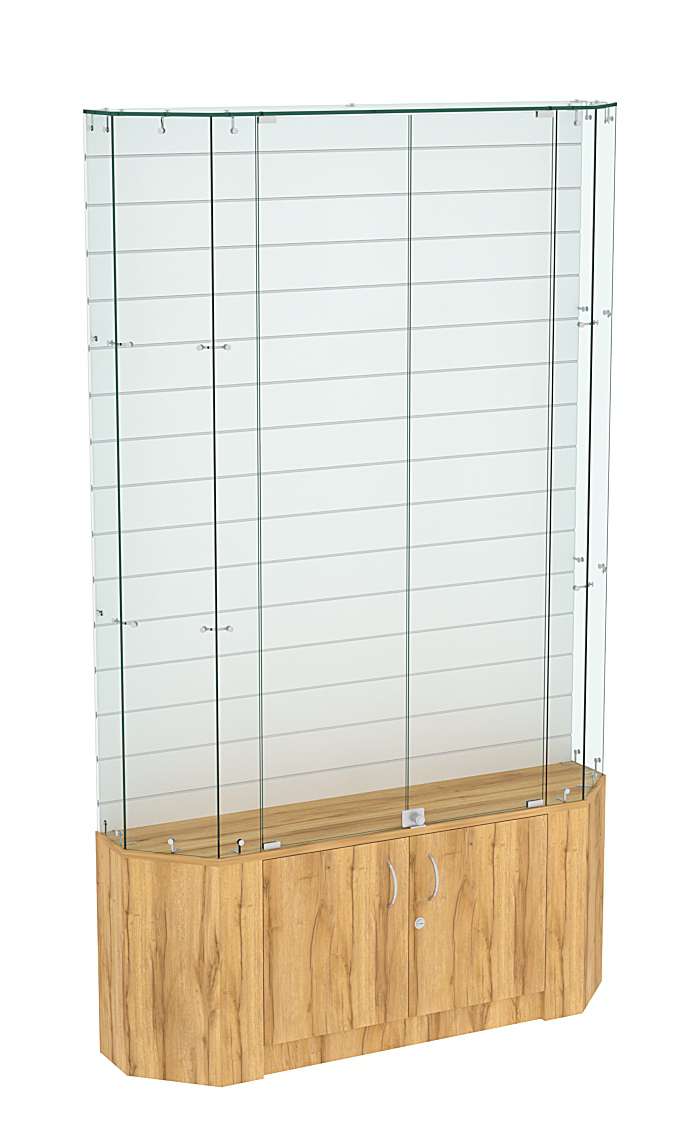 Торговая стеклянная витрина Истра со скошенным фасадом и прозрачными стенками №413 Дуб Золотистый