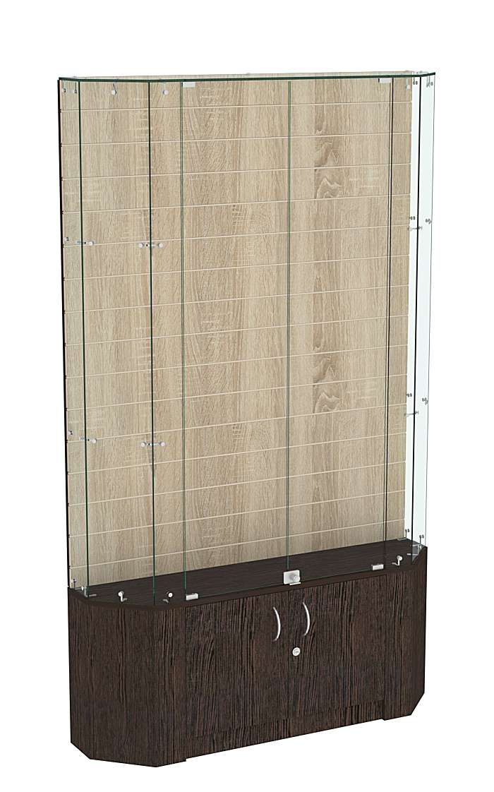 Торговая стеклянная витрина Истра со скошенным фасадом и прозрачными стенками №413 Дуб Венге