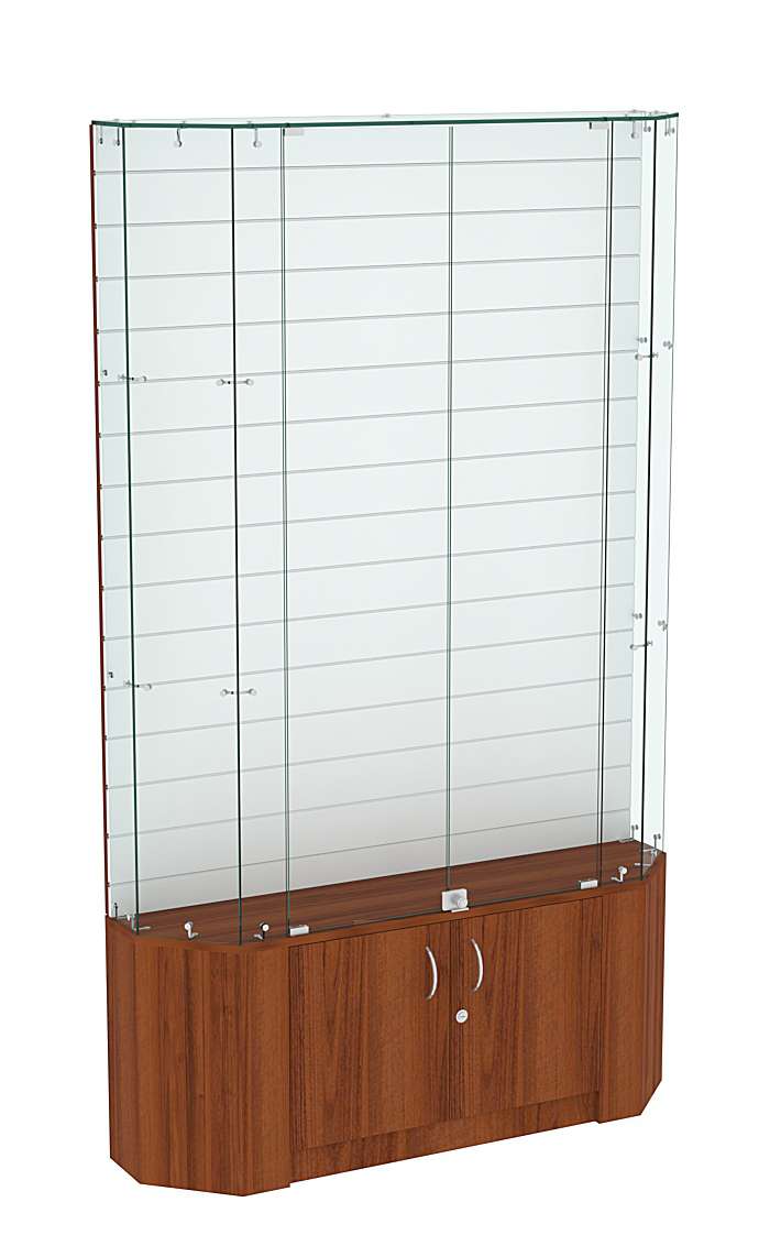 Торговая стеклянная витрина Истра со скошенным фасадом и прозрачными стенками №413 Орех