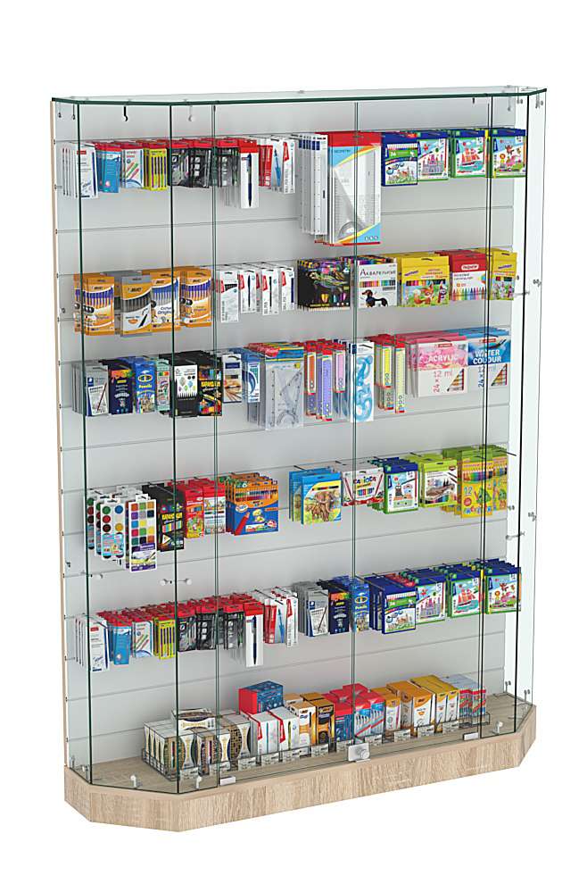 Торговая стеклянная витрина Истра со скошенным фасадом и низким подиумом №414 Дуб сонома