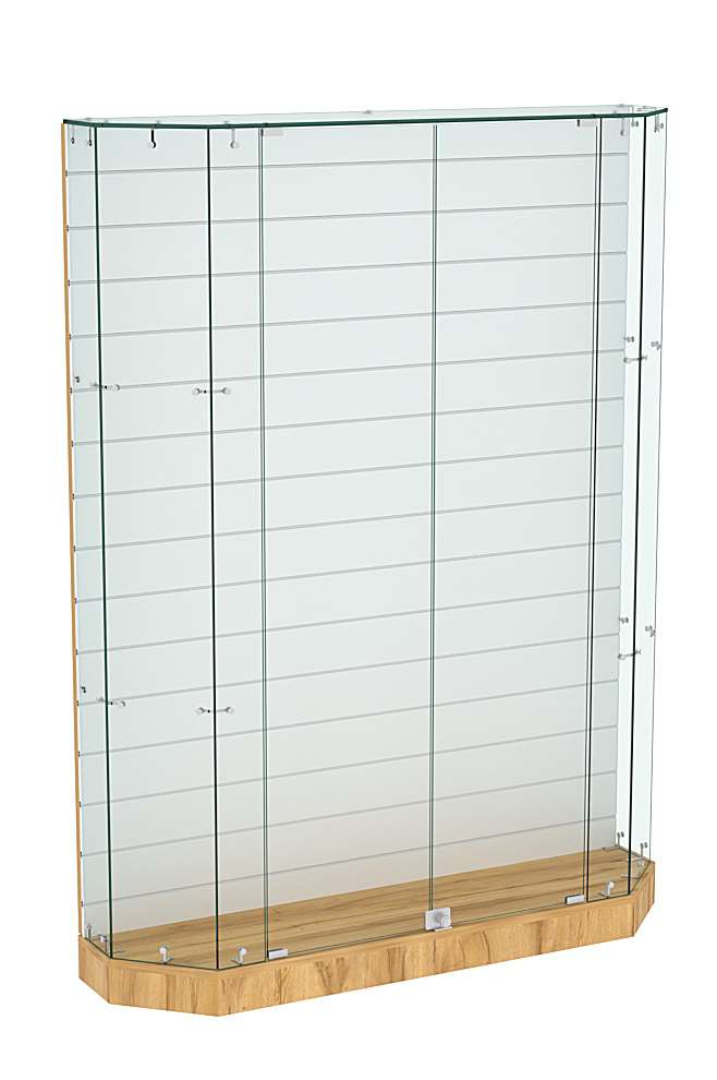 Торговая стеклянная витрина Истра со скошенным фасадом и низким подиумом №414 Дуб Золотистый