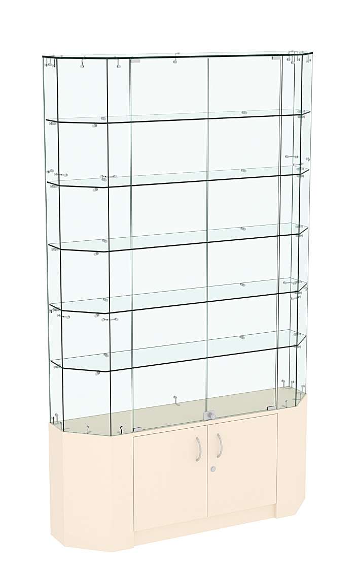 Торговая стеклянная витрина Истра со скошенным фасадом и пятью полками №425 Крем Вайс