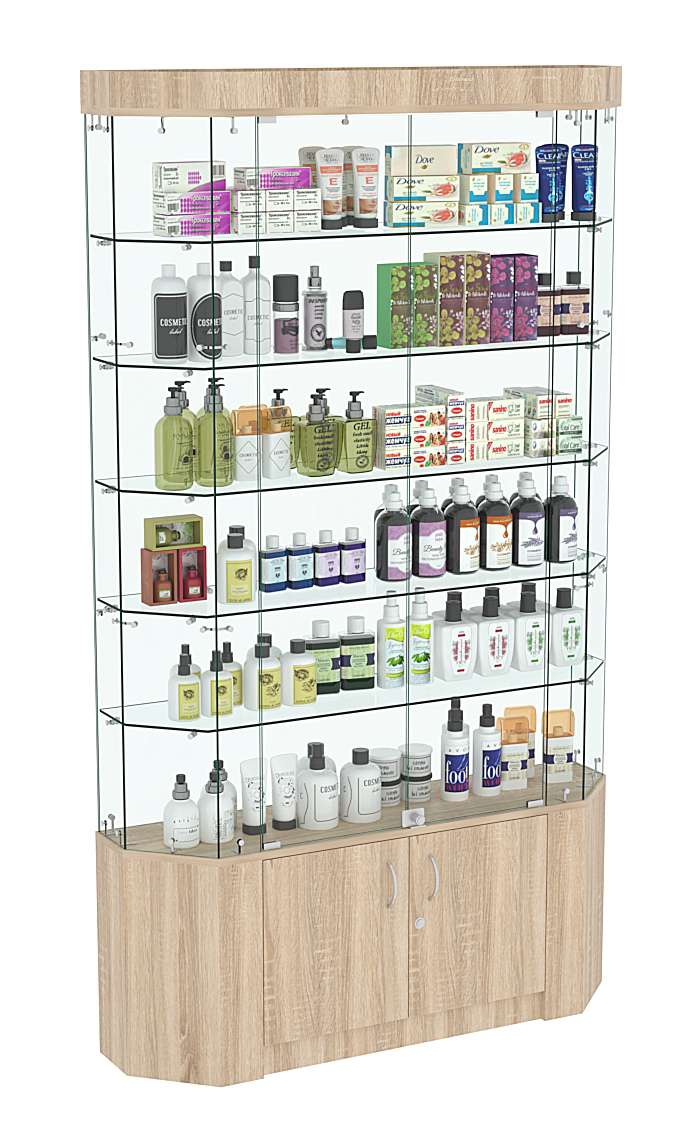 Торговая стеклянная витрина Истра со скошенным фасадом и встроенными светильниками №421 Дуб сонома