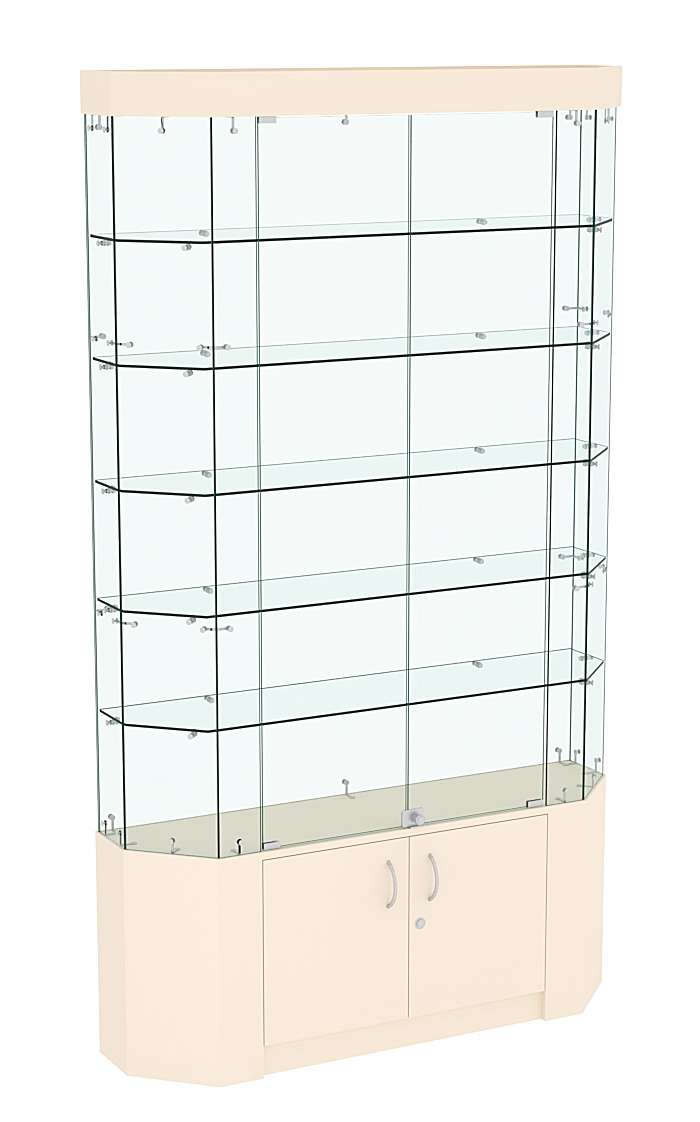 Торговая стеклянная витрина Истра со скошенным фасадом и встроенными светильниками №421 Крем Вайс