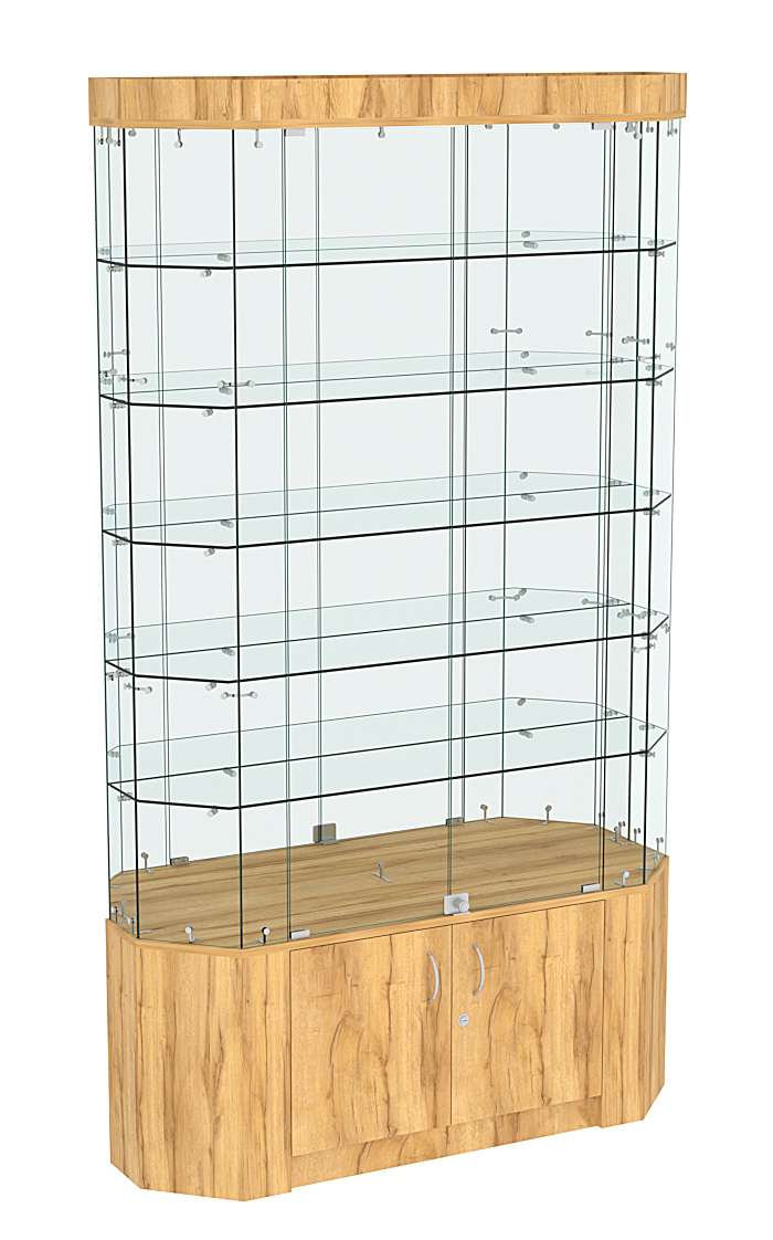 Торговая стеклянная витрина Истра со скошенным фасадом и дверками №423 Дуб Золотистый
