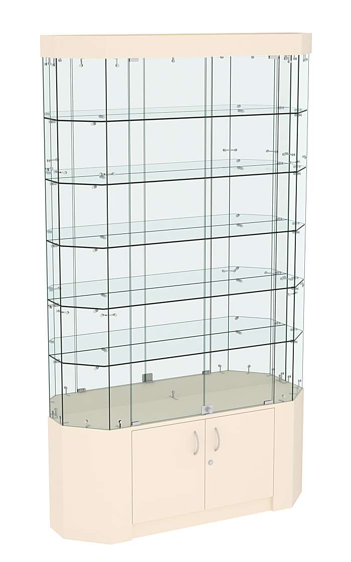Торговая стеклянная витрина Истра со скошенным фасадом и дверками №423 Крем Вайс