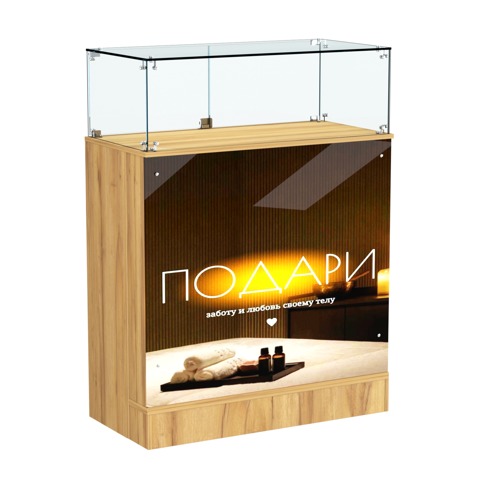 Прилавок со световым коробом и стеклянным верхом №1 Дуб Золотистый