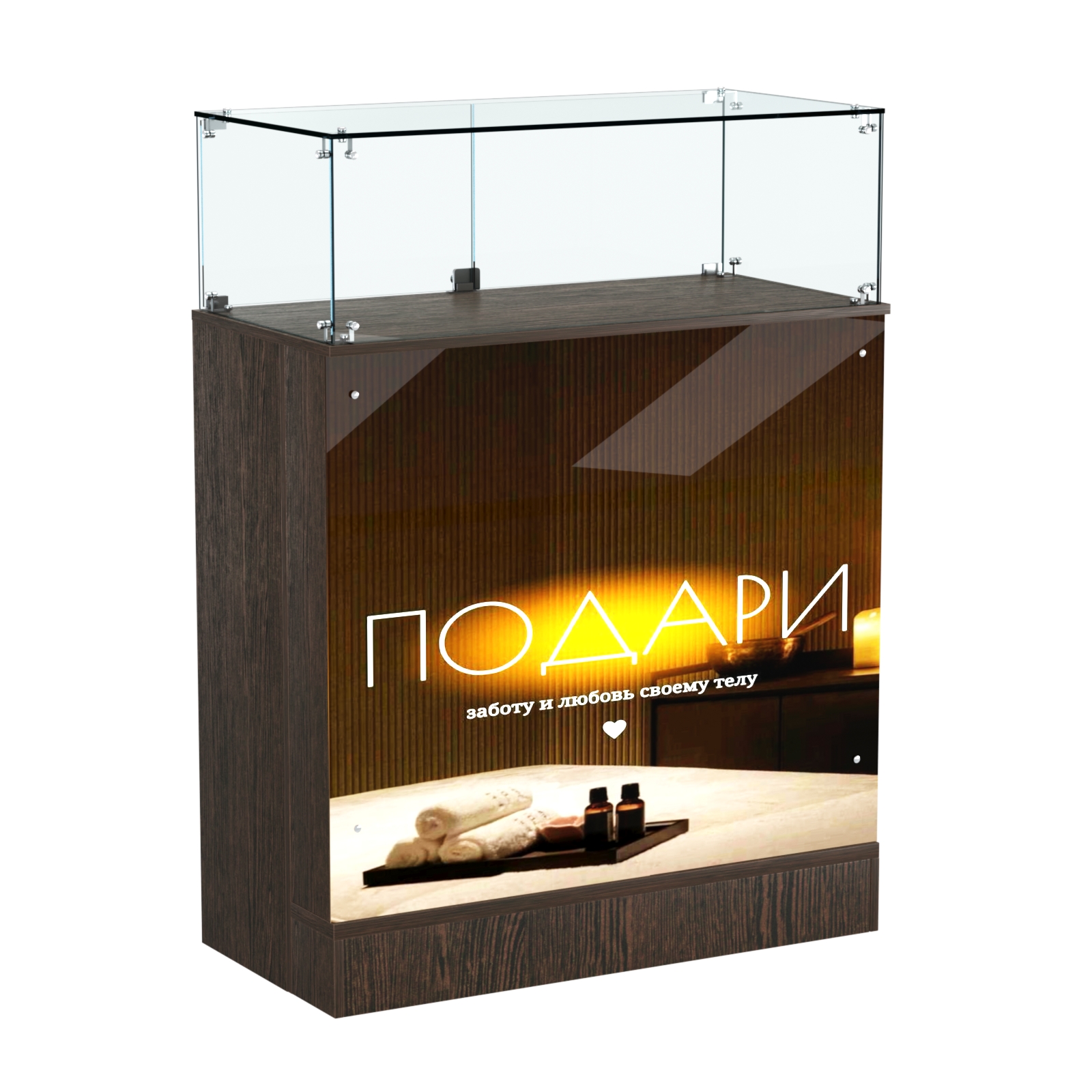 Прилавок со световым коробом и стеклянным верхом №1 Дуб Венге