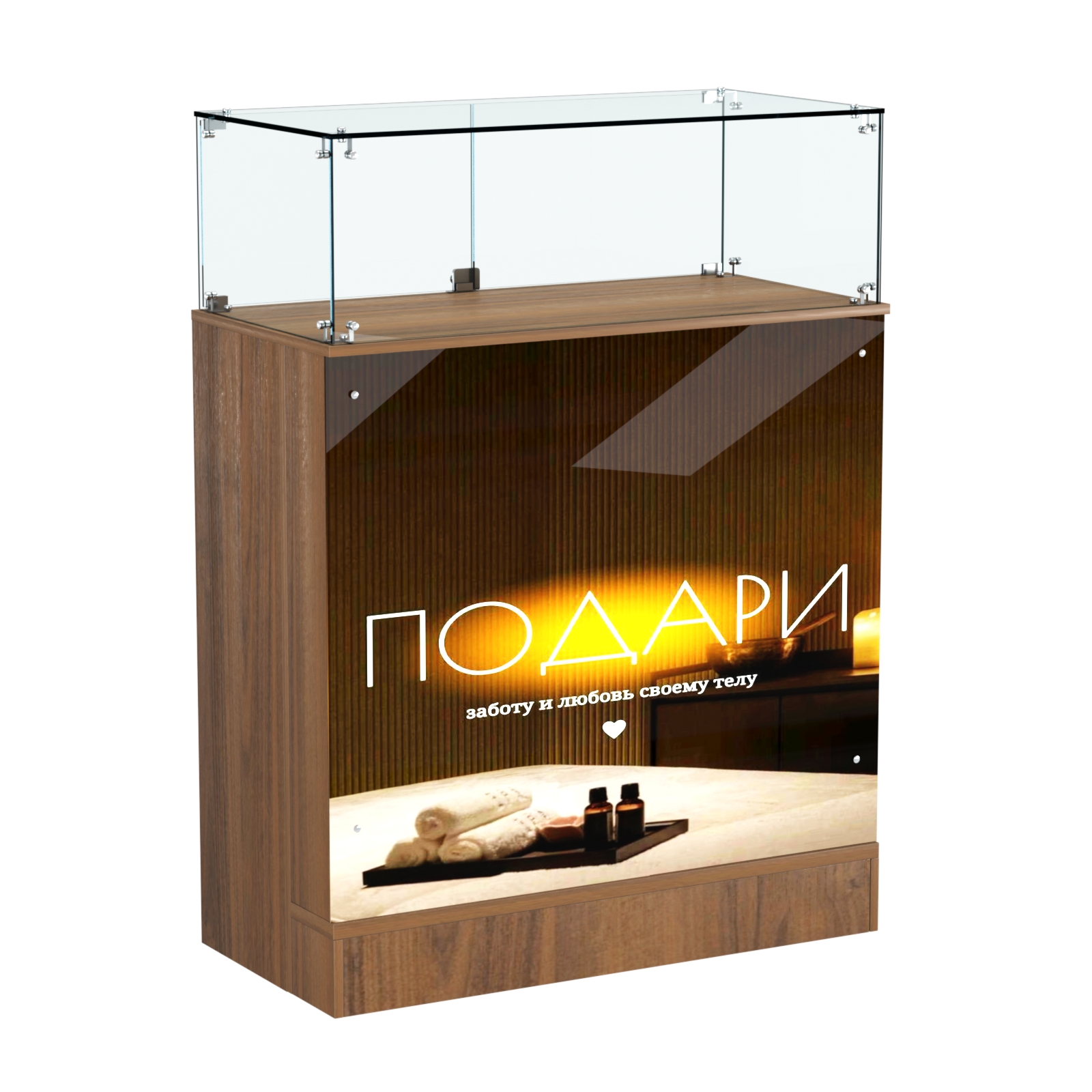 Прилавок со световым коробом и стеклянным верхом №1 Орех