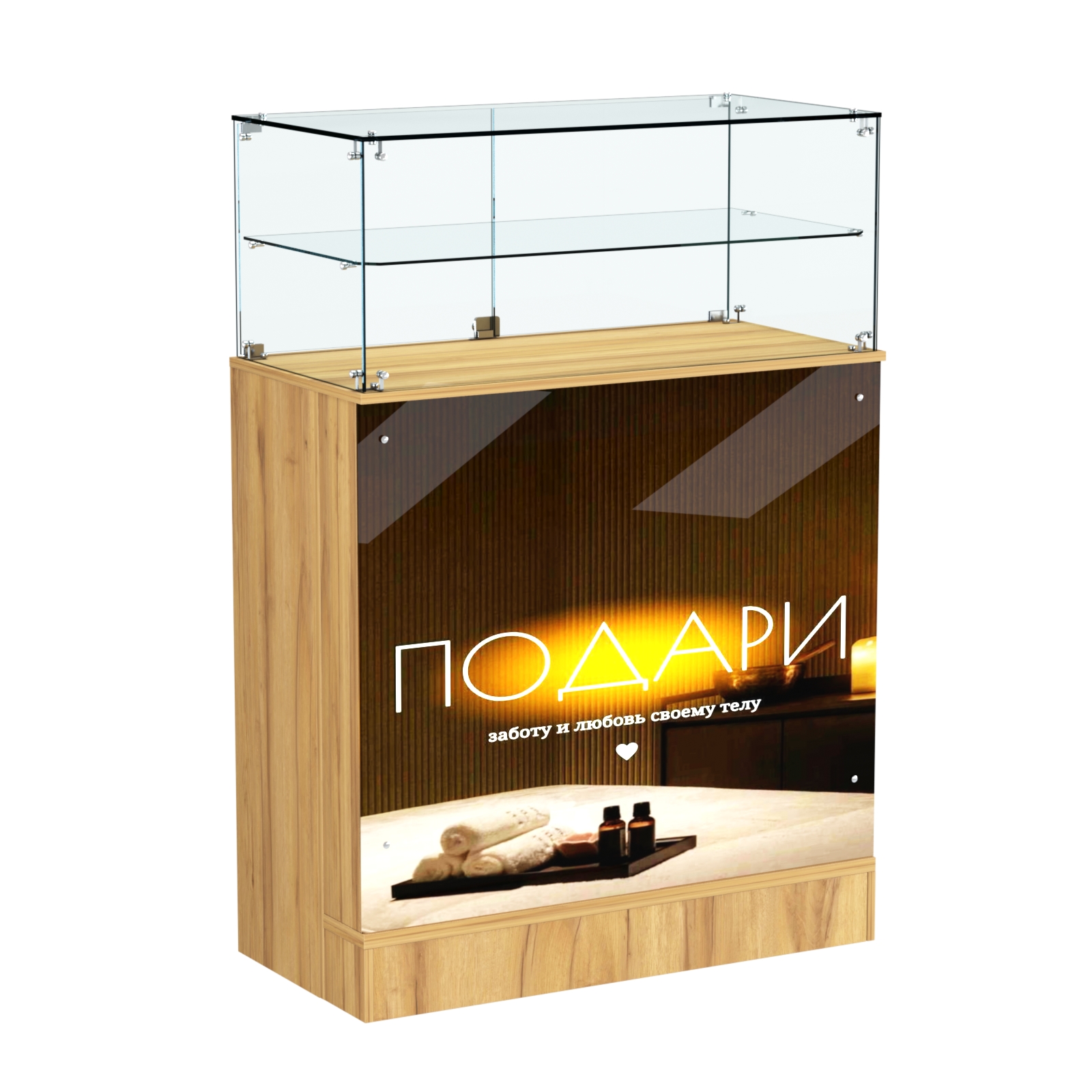 Прилавок со световым коробом и прозрачной надставкой №2 Дуб Золотистый