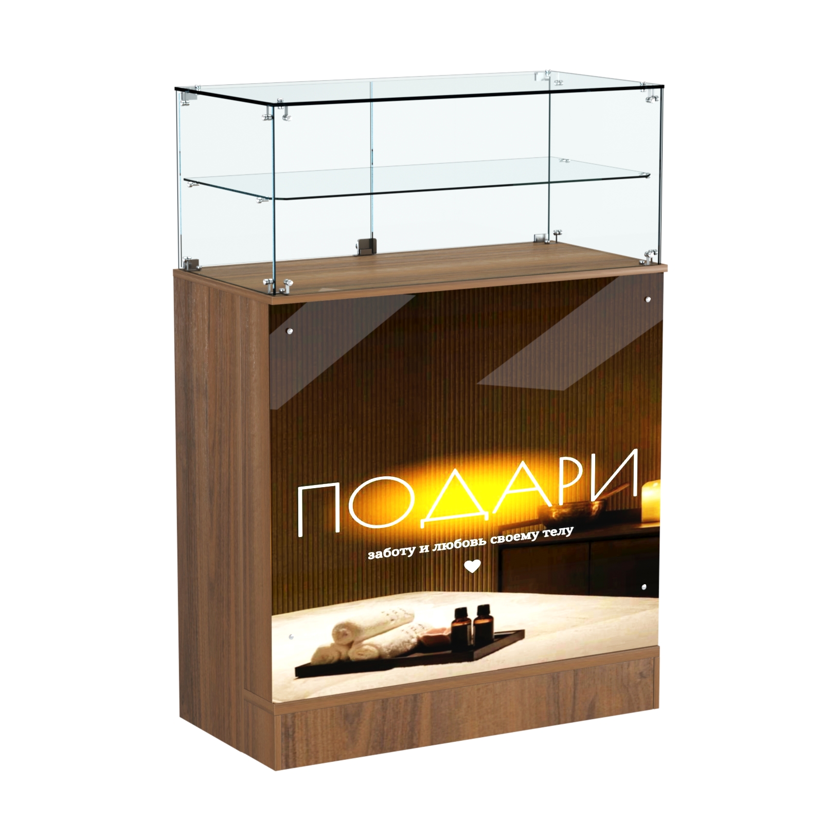 Прилавок со световым коробом и прозрачной надставкой №2 Орех