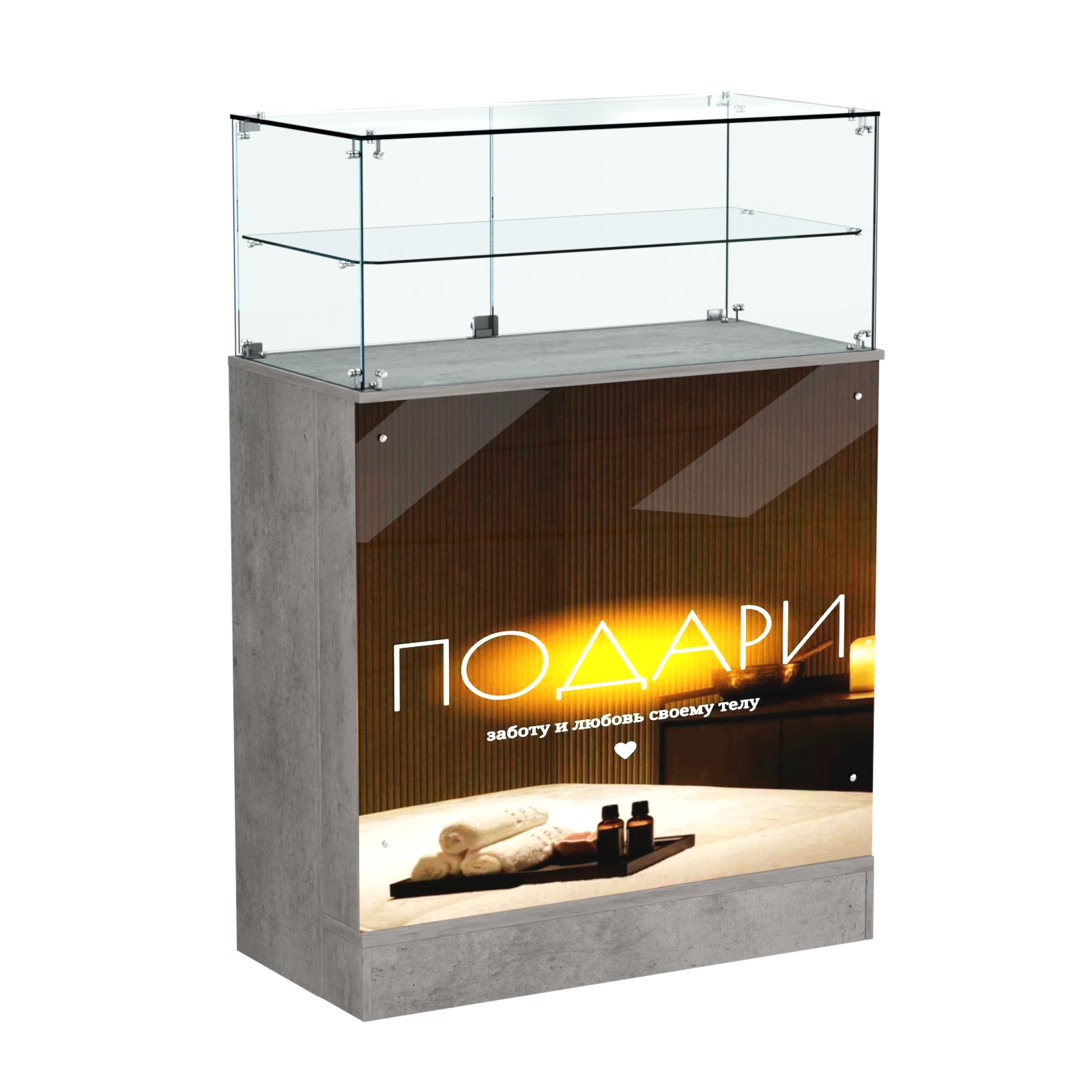 Прилавок со световым коробом и прозрачной надставкой №2 Бетон Чикаго светло-серый F186 ST9