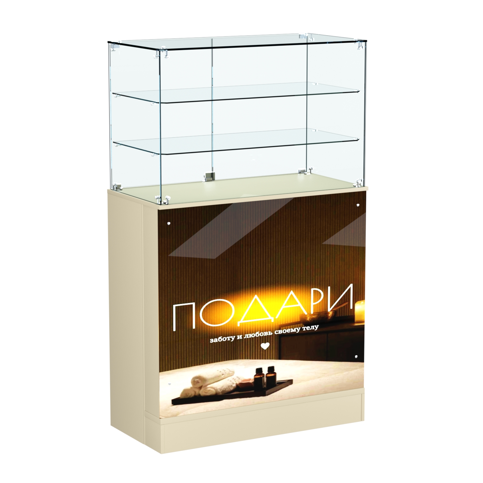 Прилавок со световым коробом и широкими полками №3 Крем Вайс