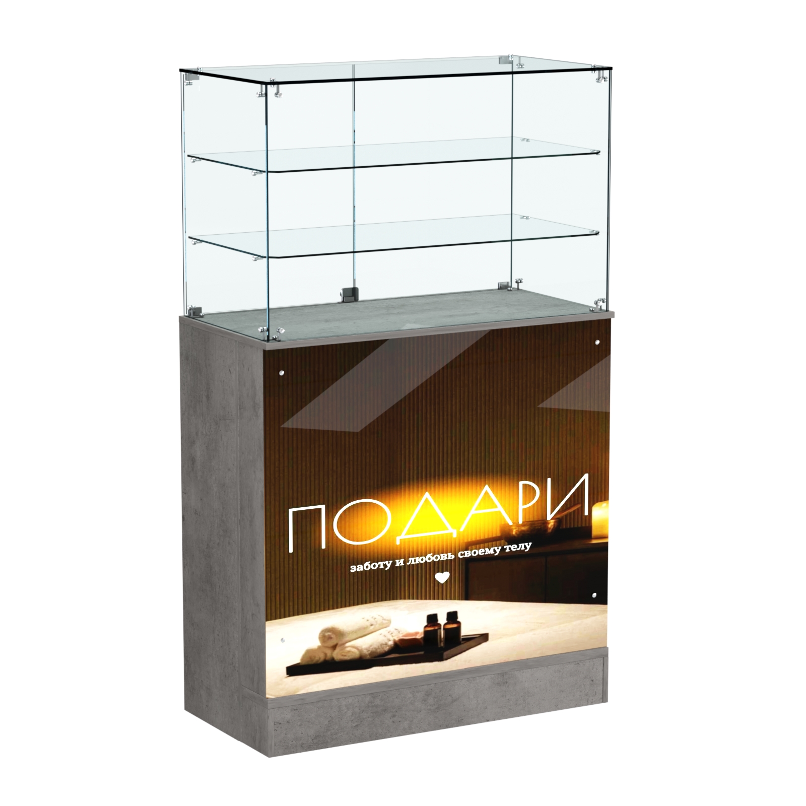 Прилавок со световым коробом и широкими полками №3 Бетон Чикаго светло-серый F186 ST9