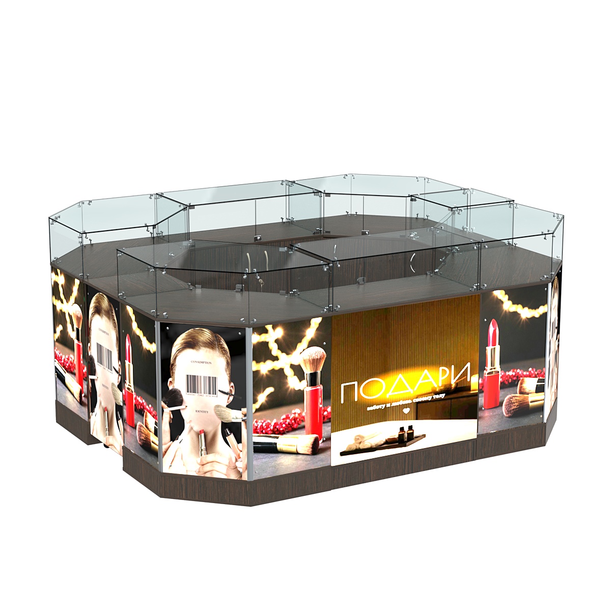 Торговый островок со световым коробом и узким выкатным прилавком №1-1 (6,28 кв. м) Дуб Венге