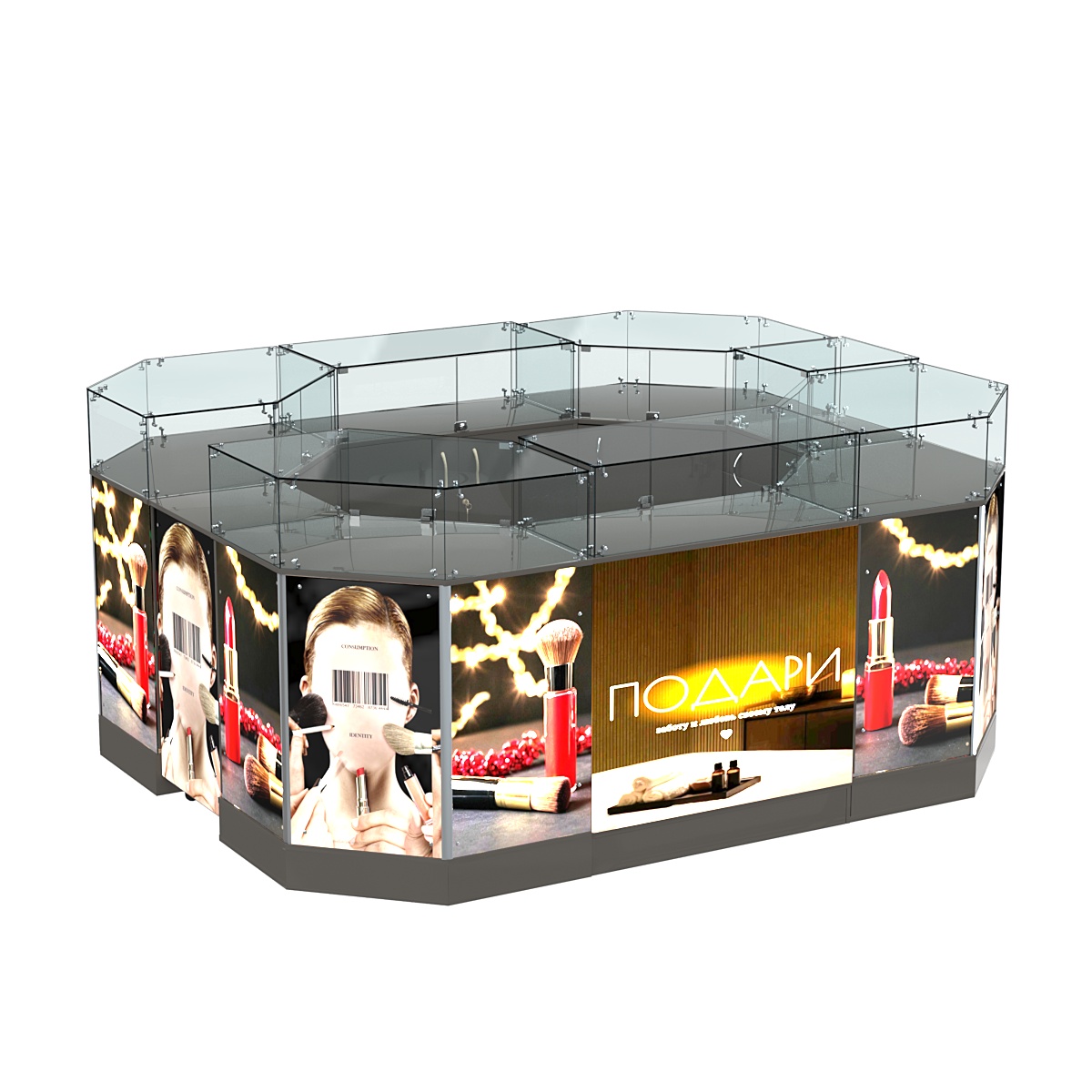 Торговый островок со световым коробом и узким выкатным прилавком №1-1 (6,28 кв. м) Темно-Серый