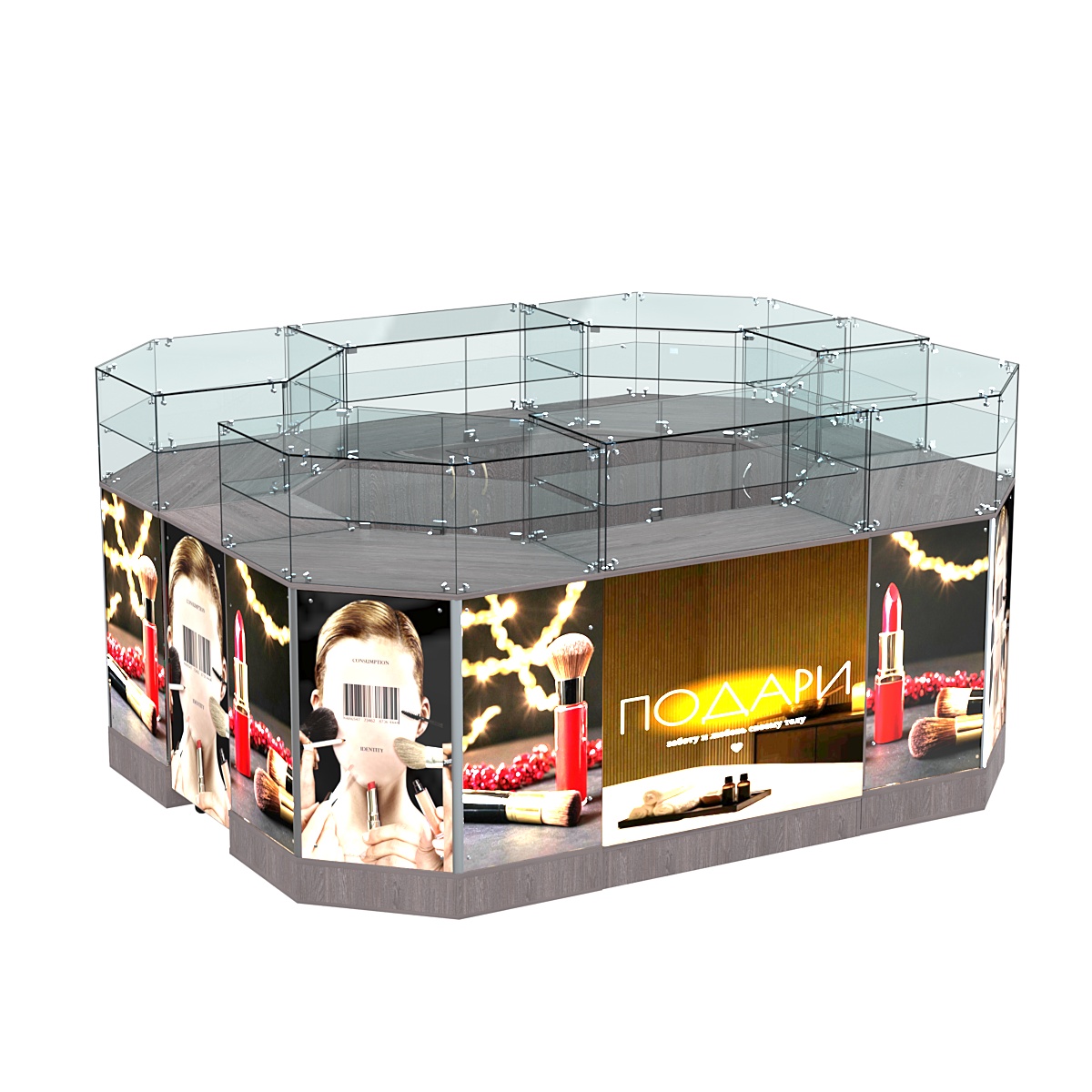 Торговый островок со световым коробом и стеклянными полками №1-2 (6,28 кв. м) Бетон Чикаго светло-серый F186 ST9