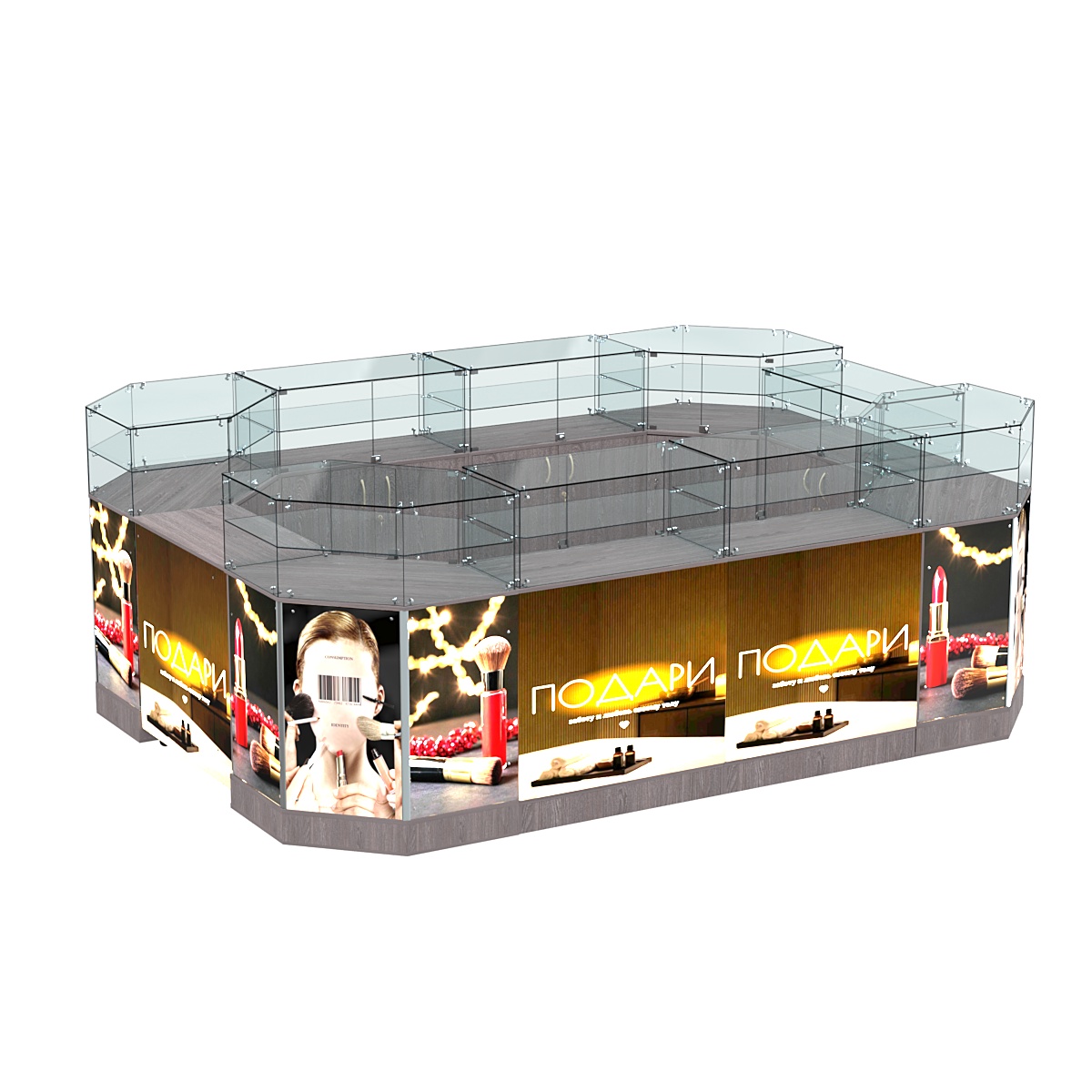 Торговый островок со световым коробом и дверками №3-2 (10,43 кв. м) Ясень Анкор темный