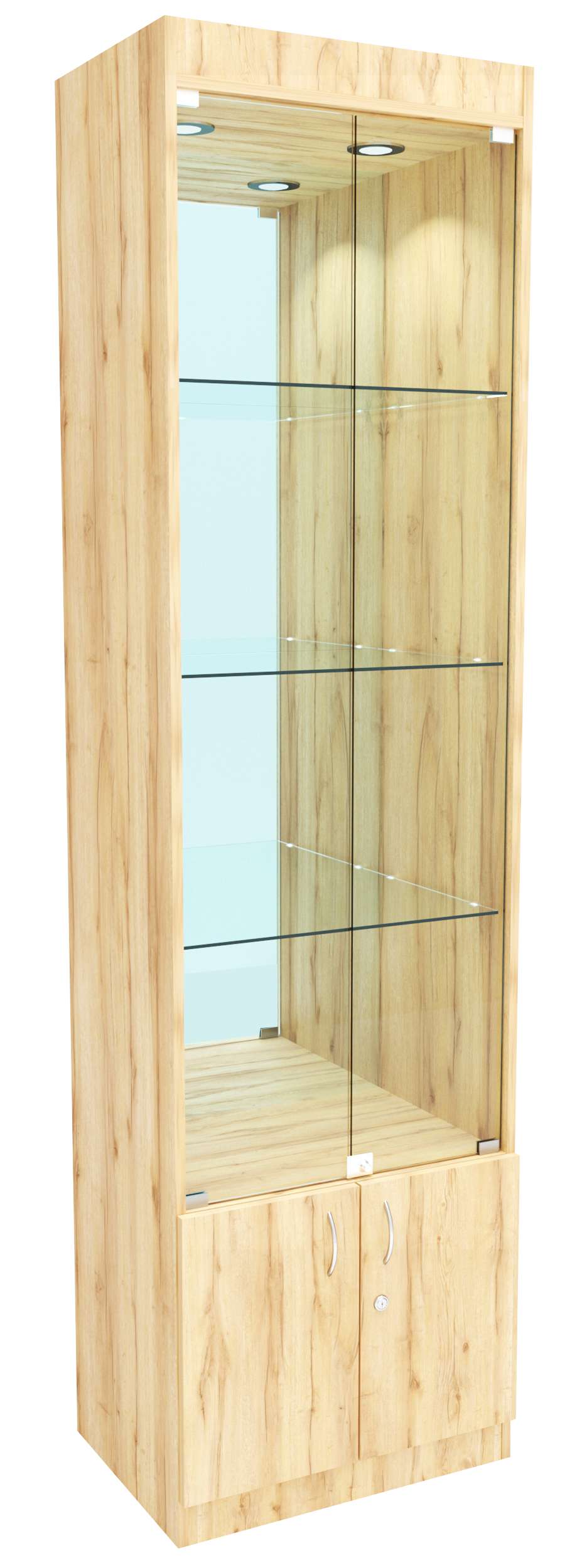 Стеклянная витрина №1-3-600 с каркасом из ДСП (задняя стенка зеркало) Дуб Золотистый