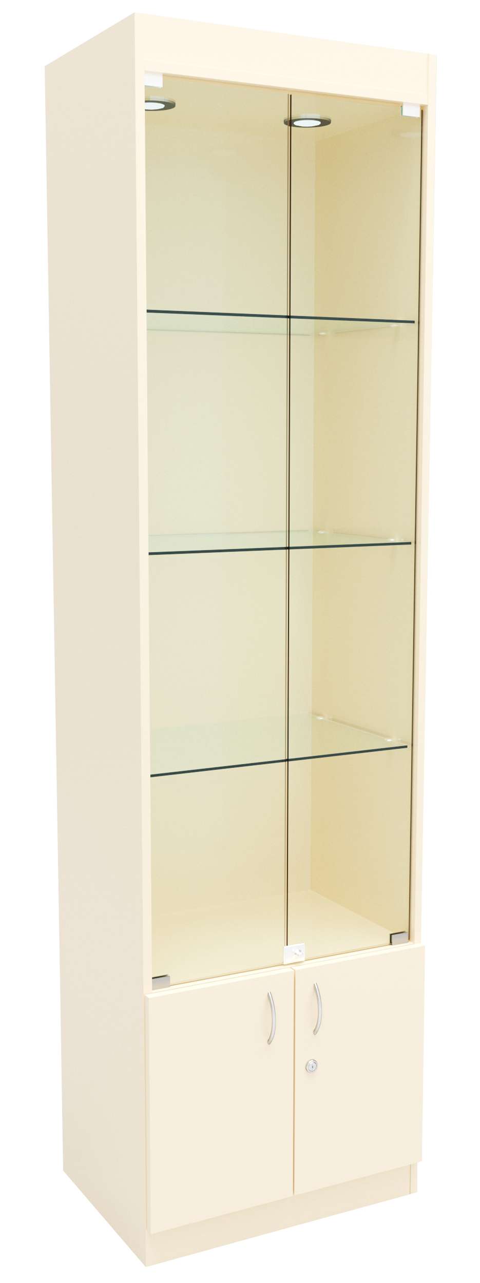 Стеклянная витрина №1-1-600 с каркасом из ДСП (задняя стенка ДВП) Крем Вайс