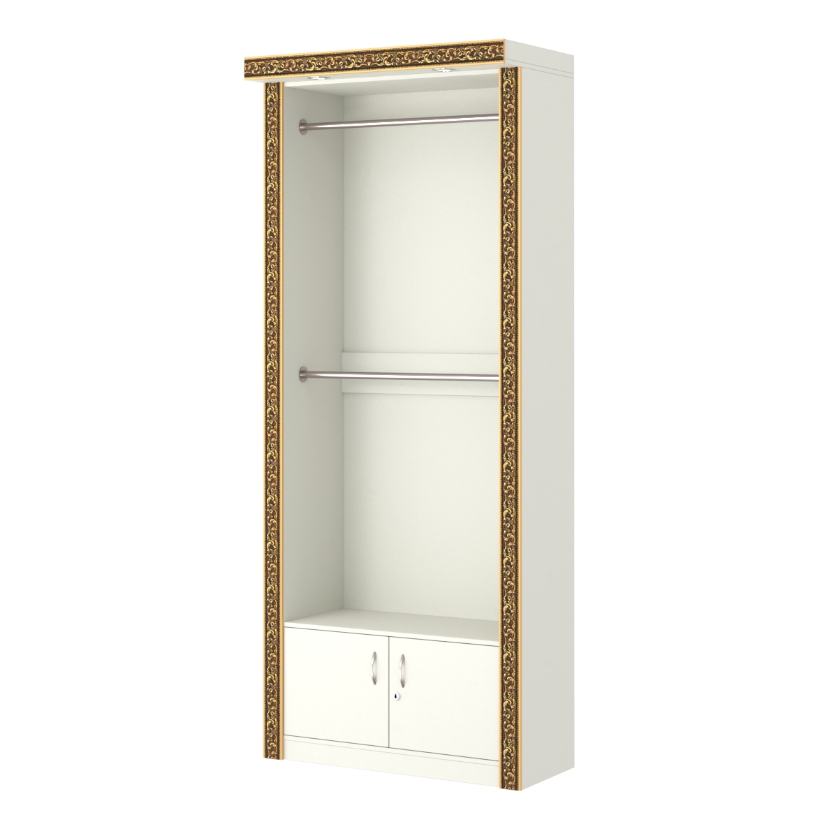 Торговый стенд для одежды с накопителем, верхним фризом и декором БАРОККО №СТП-П-5 Белый