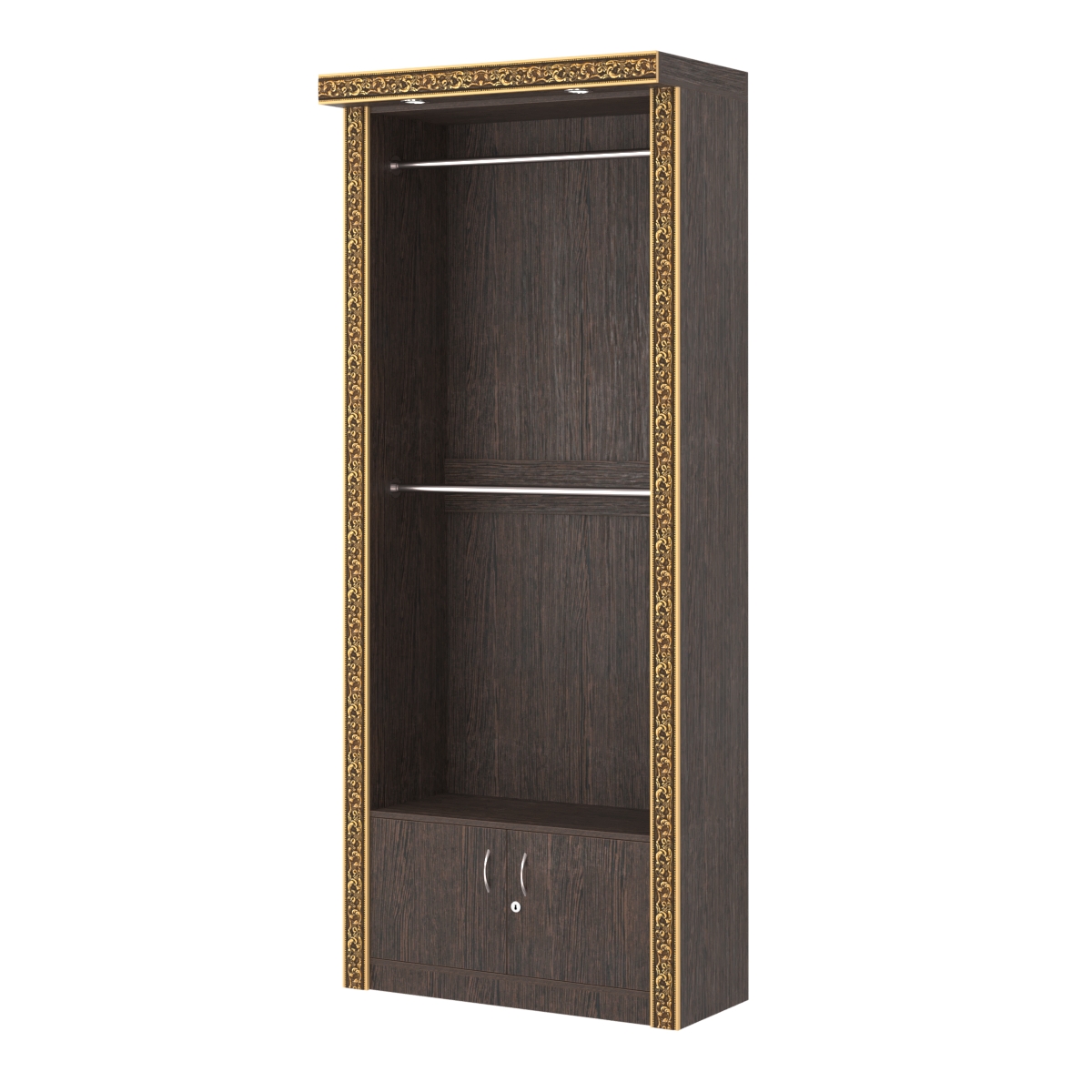 Торговый стенд для одежды с накопителем, верхним фризом и декором БАРОККО №СТП-П-5 Дуб Венге