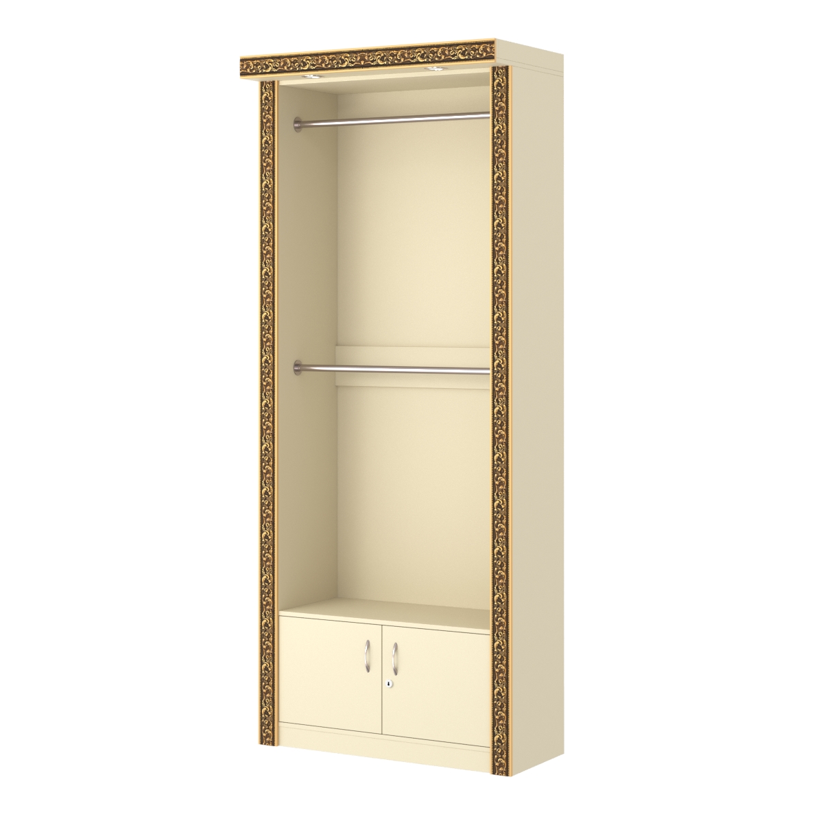 Торговый стенд для одежды с накопителем, верхним фризом и декором БАРОККО №СТП-П-5 Крем Вайс