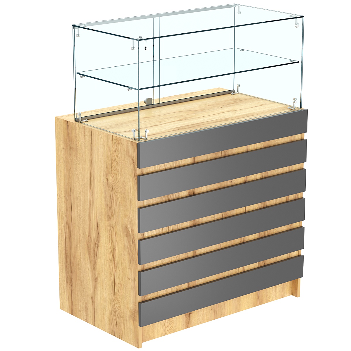 Торговый прилавок со стеклянной надставкой и фасадными панелями №1Э-01 Дуб Золотистый и Темно-Серый