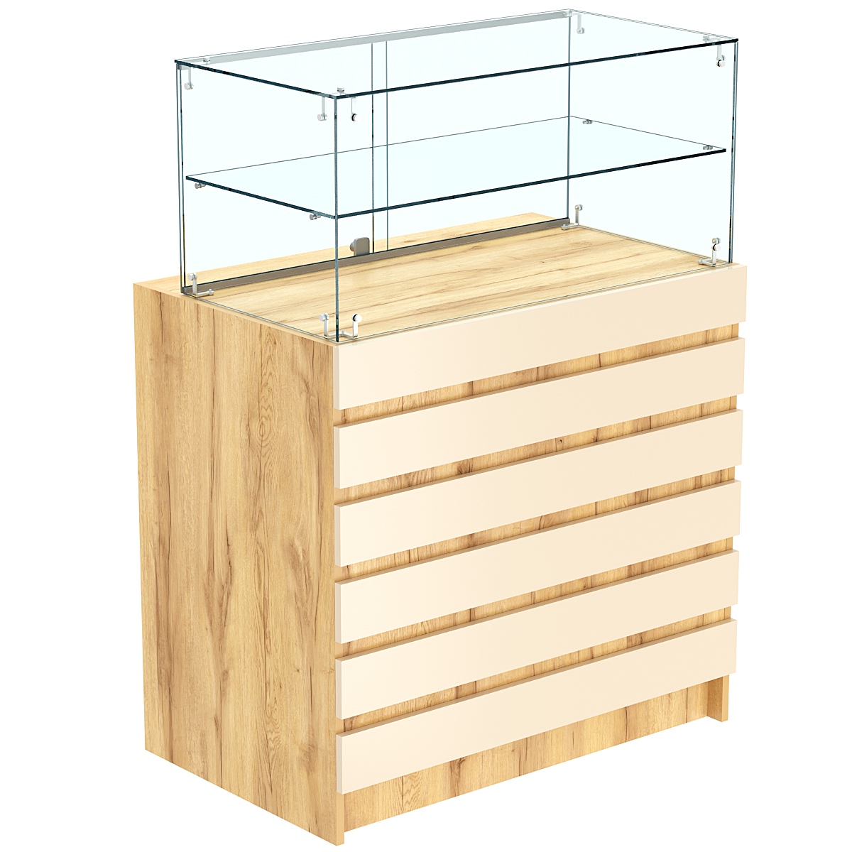 Торговый прилавок со стеклянной надставкой и фасадными панелями №1Э-01 Дуб Золотистый и Крем Вайс