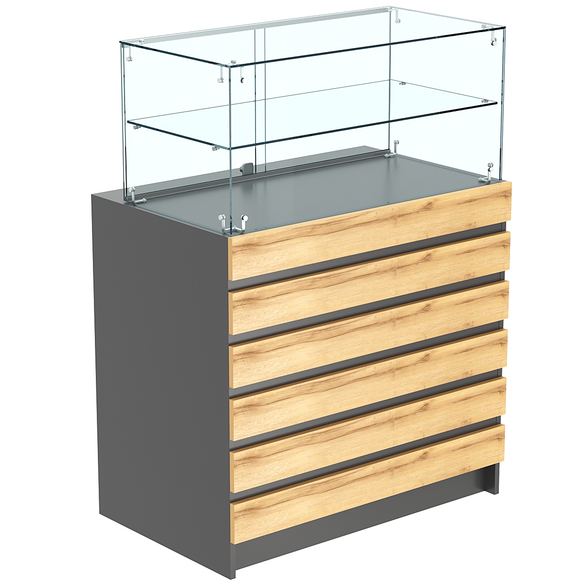 Торговый прилавок со стеклянной надставкой и фасадными панелями №1Э-01 Темно-серый и Дуб Золотистый