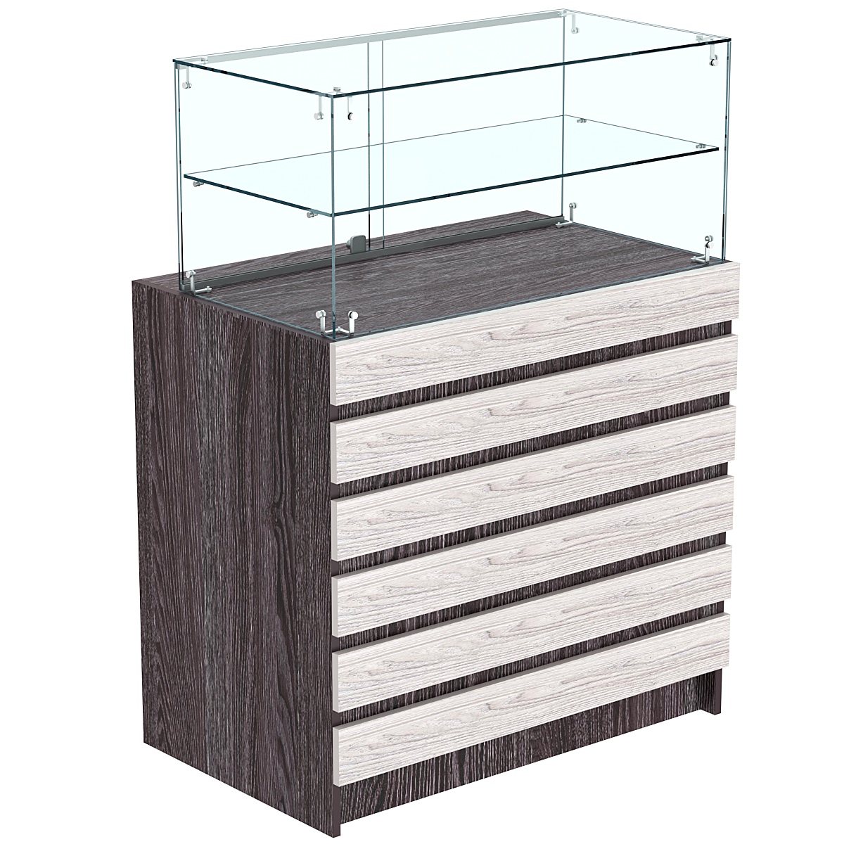 Торговый прилавок со стеклянной надставкой и фасадными панелями №1Э-01 Ясень Анкор темный + Ясень Анкор светлый