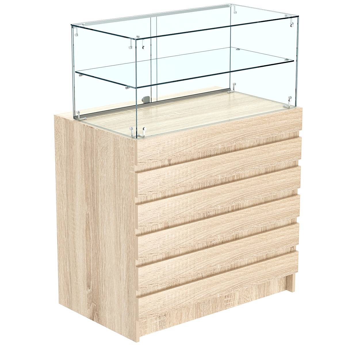 Торговый прилавок со стеклянной надставкой и фасадными панелями №1Э-01 Дуб сонома