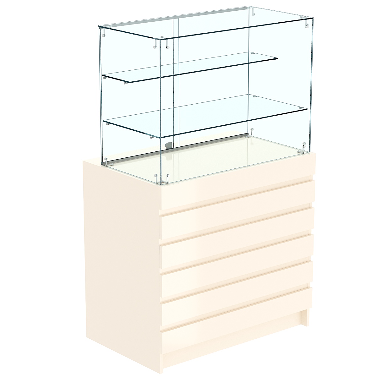 Торговый прилавок с двумя стеклянными полками и фасадными панелями №1Э-02 Крем Вайс