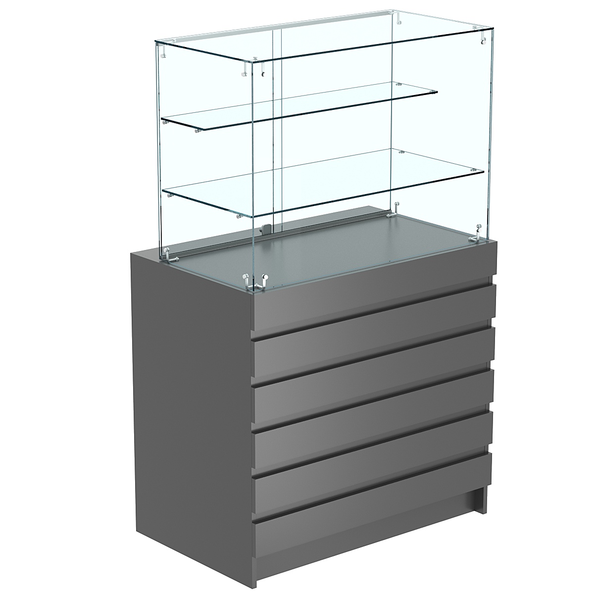 Торговый прилавок с двумя стеклянными полками и фасадными панелями №1Э-02 Темно-Серый
