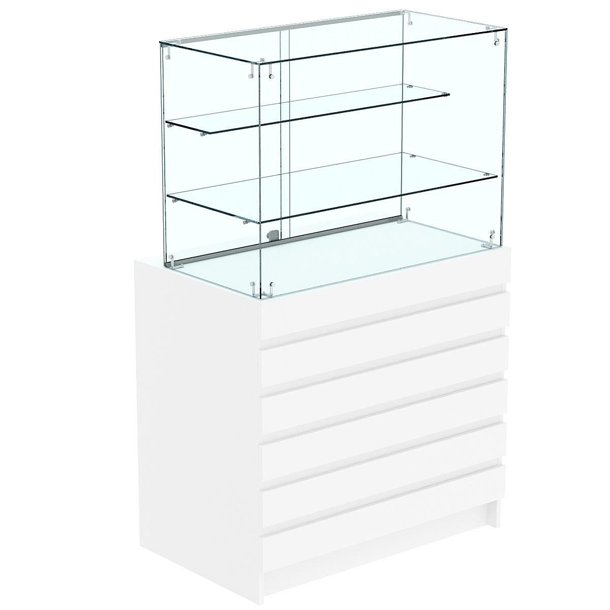 Торговый прилавок с двумя стеклянными полками и фасадными панелями №1Э-02 Белый