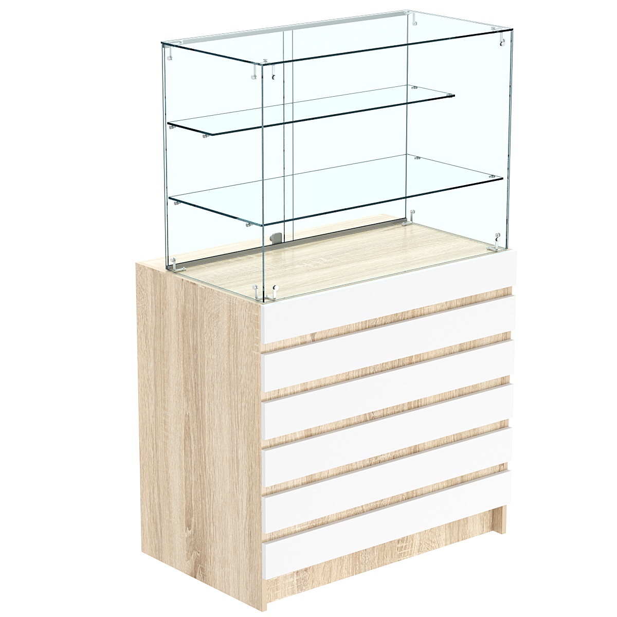 Торговый прилавок с двумя стеклянными полками и фасадными панелями №1Э-02 Дуб Сонома + Белый