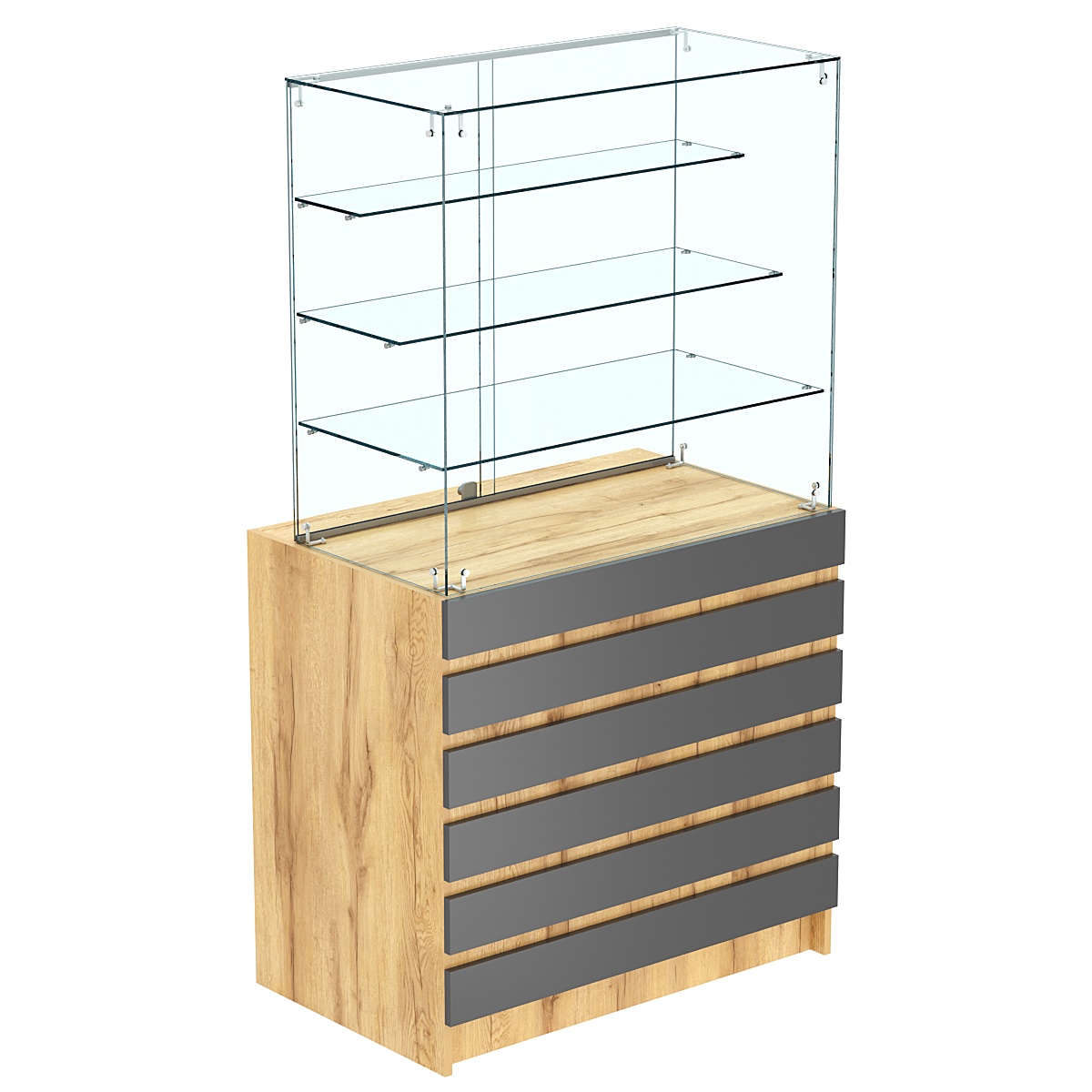 Торговый прилавок с тремя полками лесенкой и фасадными панелями №1Э-03 Дуб Золотистый и Темно-Серый