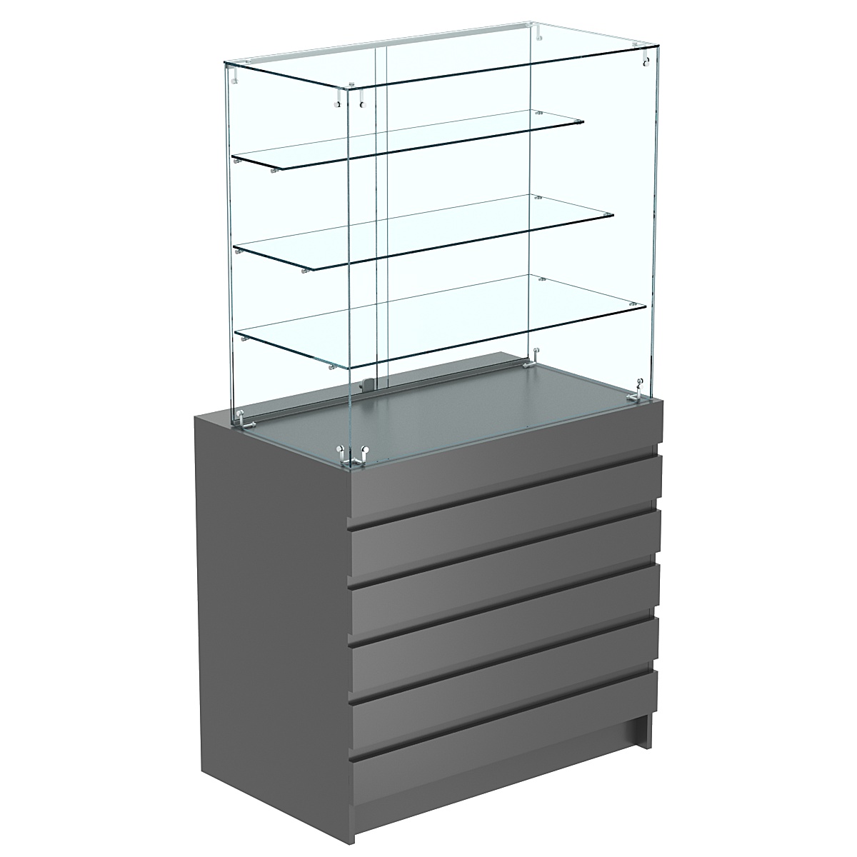 Торговый прилавок с тремя полками лесенкой и фасадными панелями №1Э-03 Темно-Серый