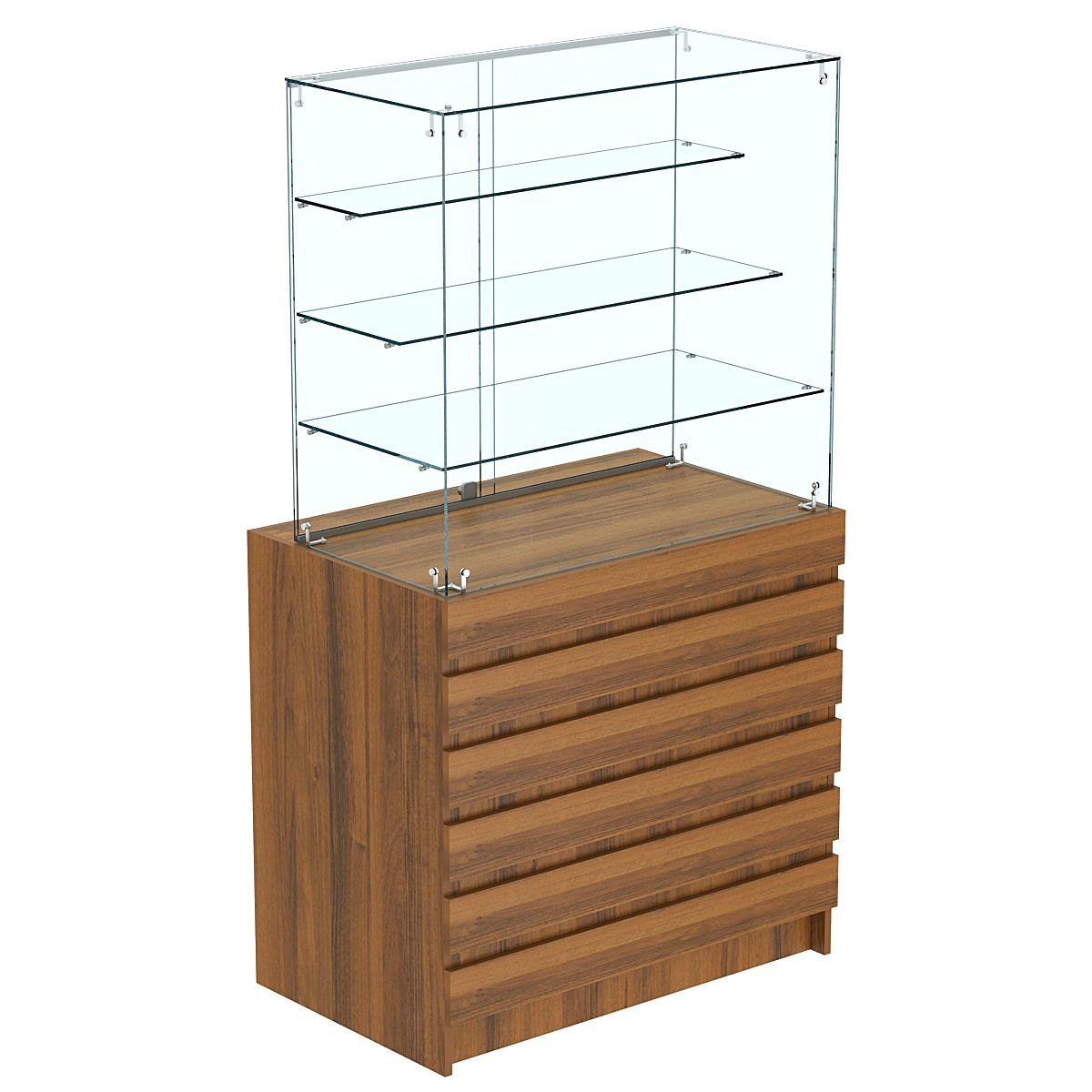 Торговый прилавок с тремя полками лесенкой и фасадными панелями №1Э-03 Орех