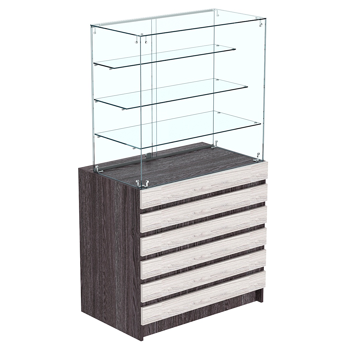 Торговый прилавок с тремя полками лесенкой и фасадными панелями №1Э-03 Ясень Анкор темный + Ясень Анкор светлый