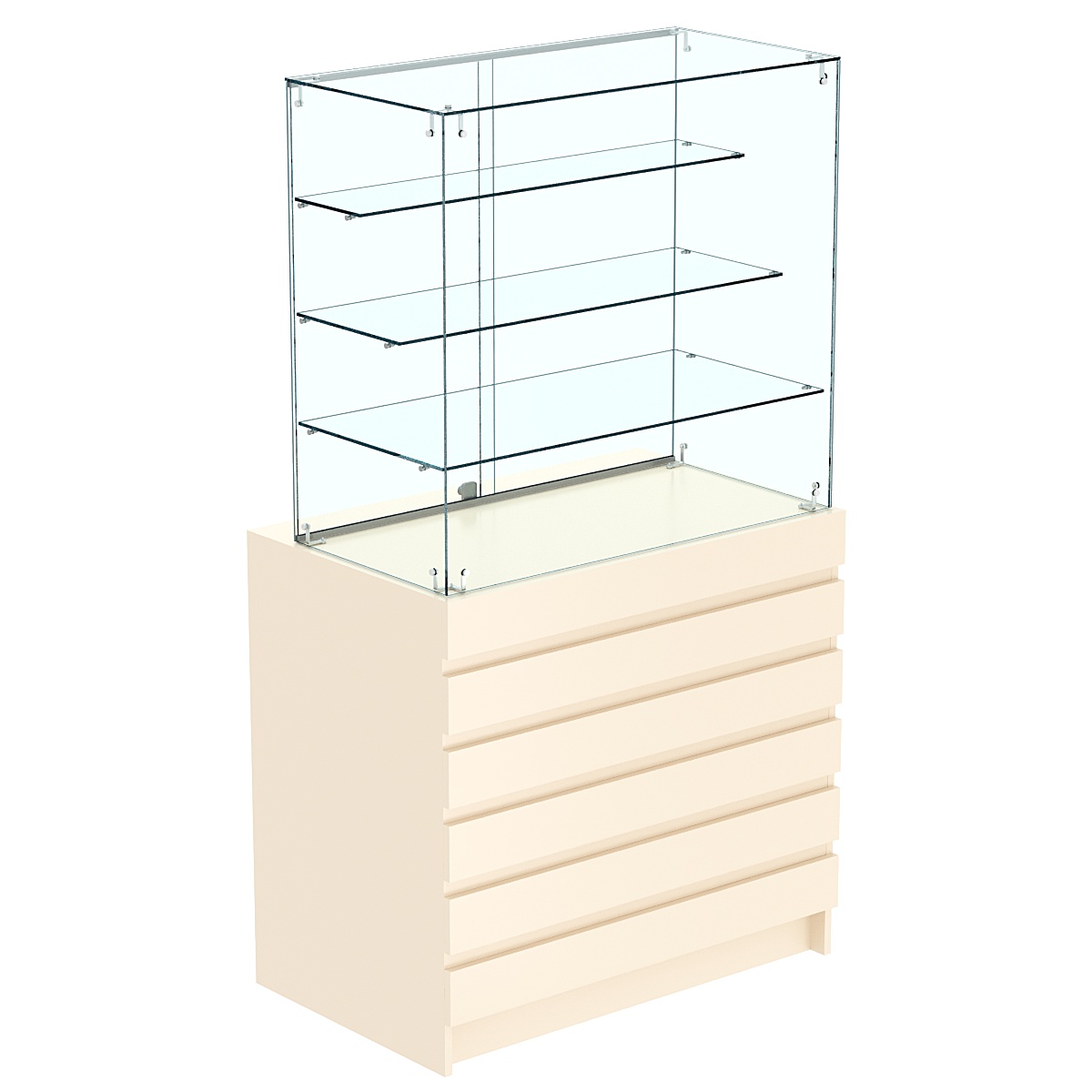 Торговый прилавок с тремя полками лесенкой и фасадными панелями №1Э-03 Крем Вайс