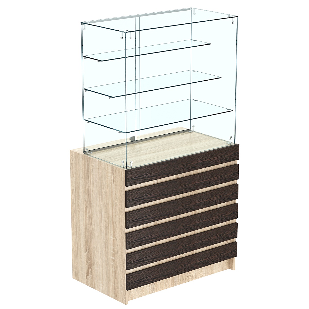 Торговый прилавок с тремя полками лесенкой и фасадными панелями №1Э-03 Дуб Сонома + Дуб Венге