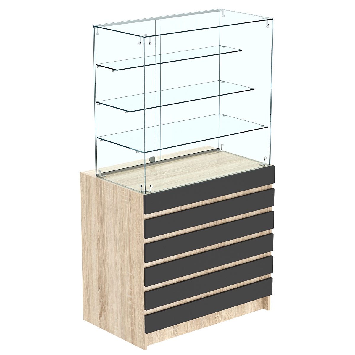 Торговый прилавок с тремя полками лесенкой и фасадными панелями №1Э-03 Дуб Сонома + Черный