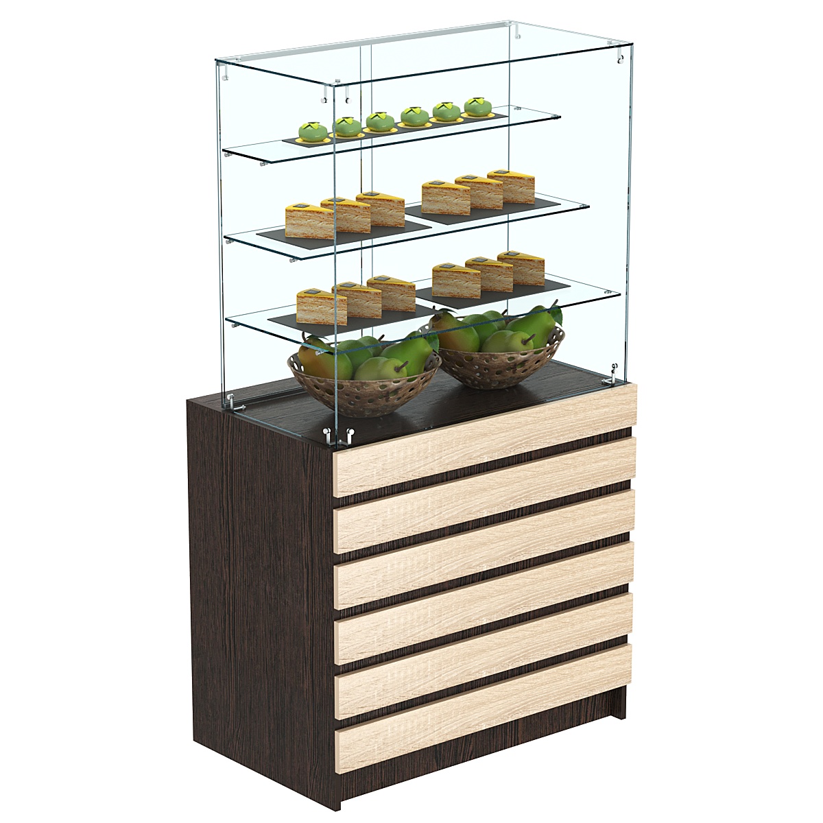 Торговый прилавок с тремя полками лесенкой и фасадными панелями №1Э-03 Дуб Венге и Дуб Сонома