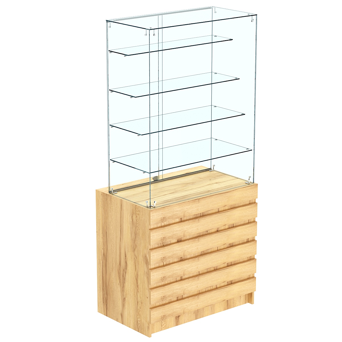 Торговый прилавок с высокой стеклянной витриной и фасадным декором №1Э-09 Дуб Золотистый