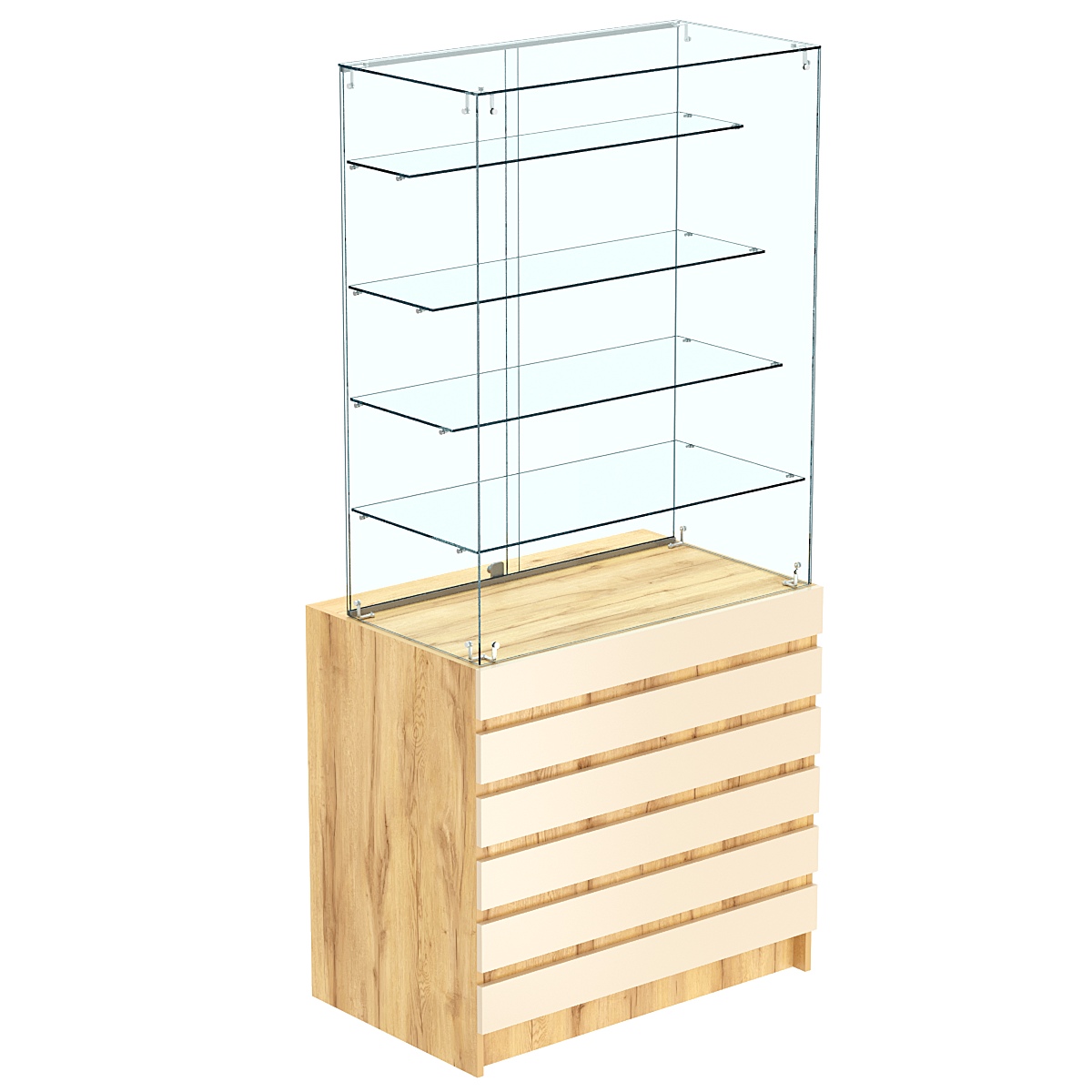 Торговый прилавок с высокой стеклянной витриной и фасадным декором №1Э-09 Дуб Золотистый и Крем Вайс