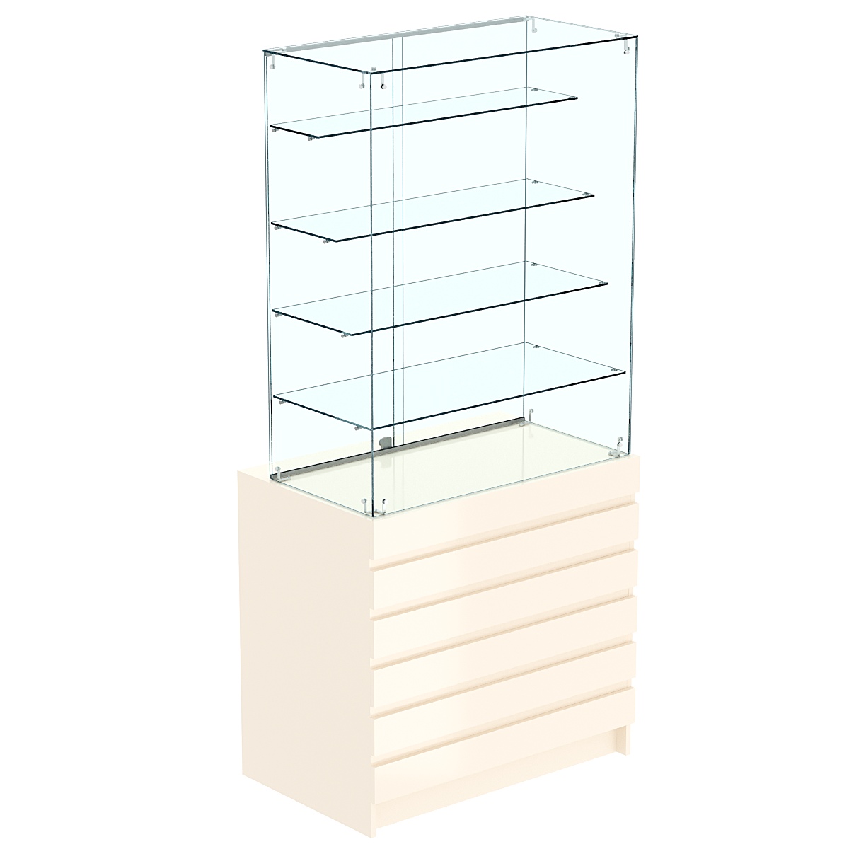 Торговый прилавок с высокой стеклянной витриной и фасадным декором №1Э-09 Крем Вайс