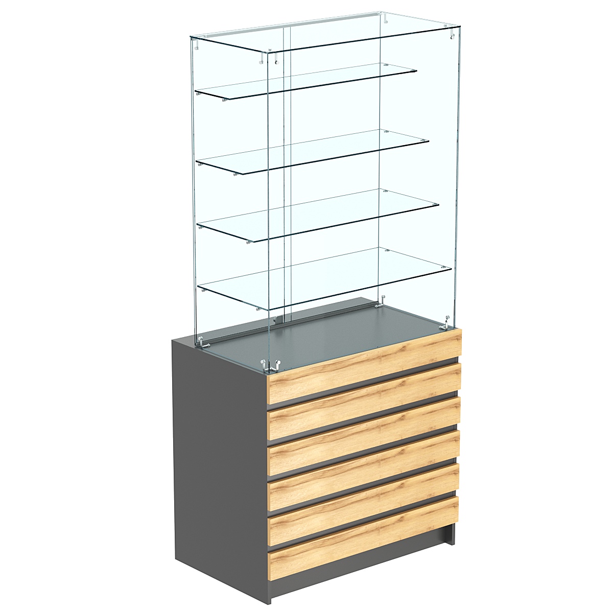 Торговый прилавок с высокой стеклянной витриной и фасадным декором №1Э-09 Темно-серый и Дуб Золотистый