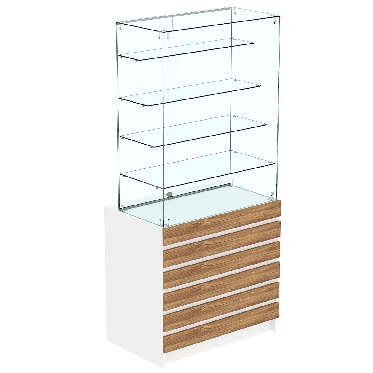 Торговый прилавок с высокой стеклянной витриной и фасадным декором №1Э-09 Белый + Дуб Канзас коричневый